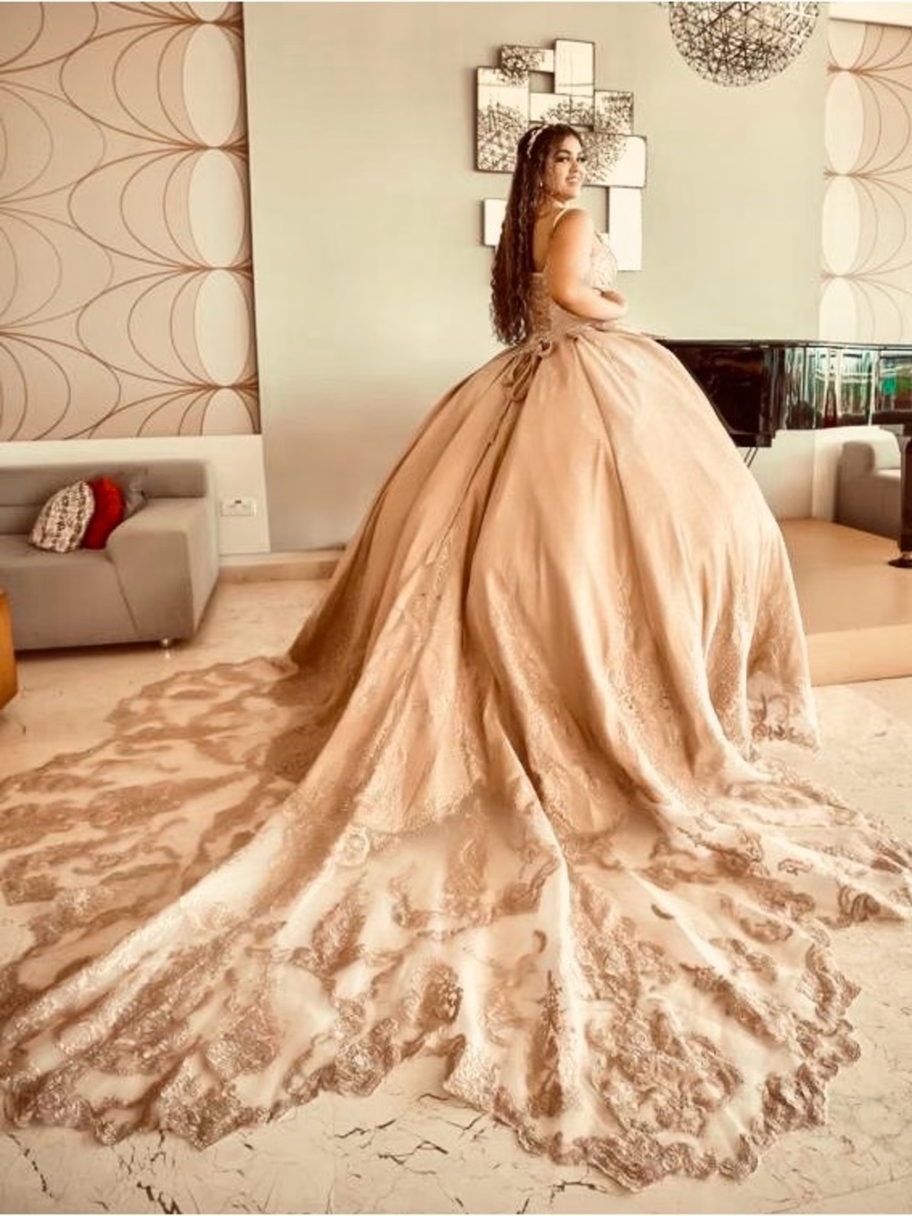 Elegant Champagne Prom Ball Gown with Lace Train